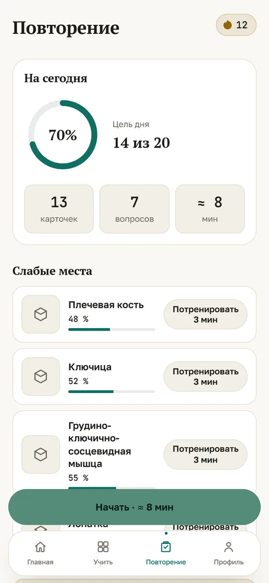 Повторение: цель дня и слабые места